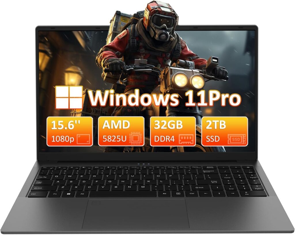 Gaming Laptop, Laptop with AMD Ryzen 7 5825U (8C/16T, Up to 4.5GHz), 32GB RAM 2048GB NVMe SSD Laptop Computer, Radeon RX Vega 8 Graphics, 15.6-inch FHD Display, 57Wh Battery, Backlit KB, USB-C