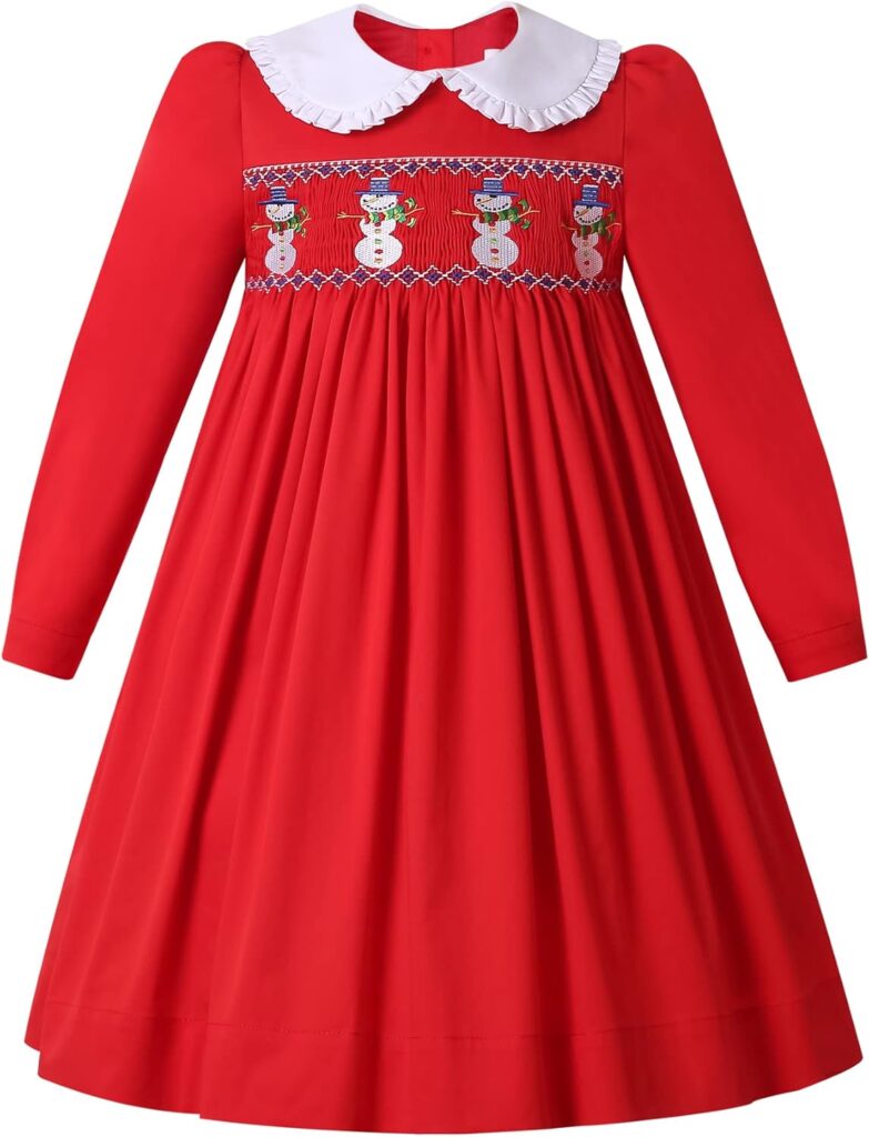 Girls Winter Christmas Red Long Sleeve Smocked Dresses Kids Teen Cute Embroidery Casual Smocking Clothes