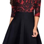 HOMEYEE Women's Chic V-Neck Lace Patchwork Flare Party Dress A062