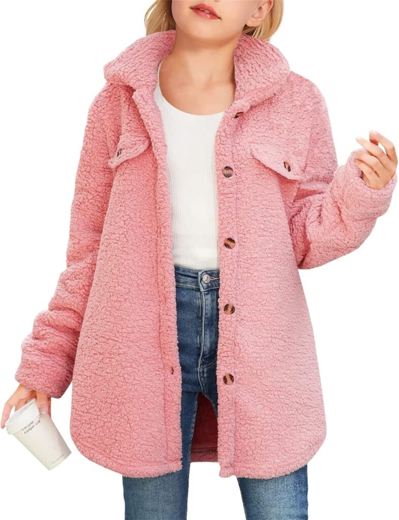 Haloumoning Girls Fuzzy Fleece Jacket Casual Button Down Sherpa Overcoat Faux Fur Jackets Outwear 4-15 Years