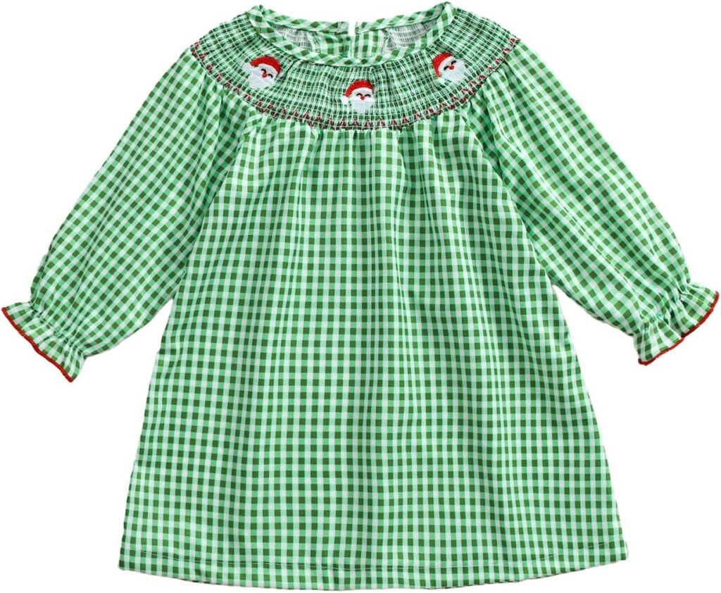 Honganda Kids Toddler Baby Girl Christmas Dress Long Sleeve Santa Claus Embroidery Plaid Mini Dress Xmas Smocked Dress