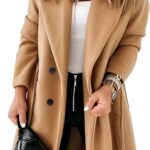 Hooever Women's Double Breasted Wool Blend Coat Winter Notched Lapel Belted Peacoat Mid Long Jacket