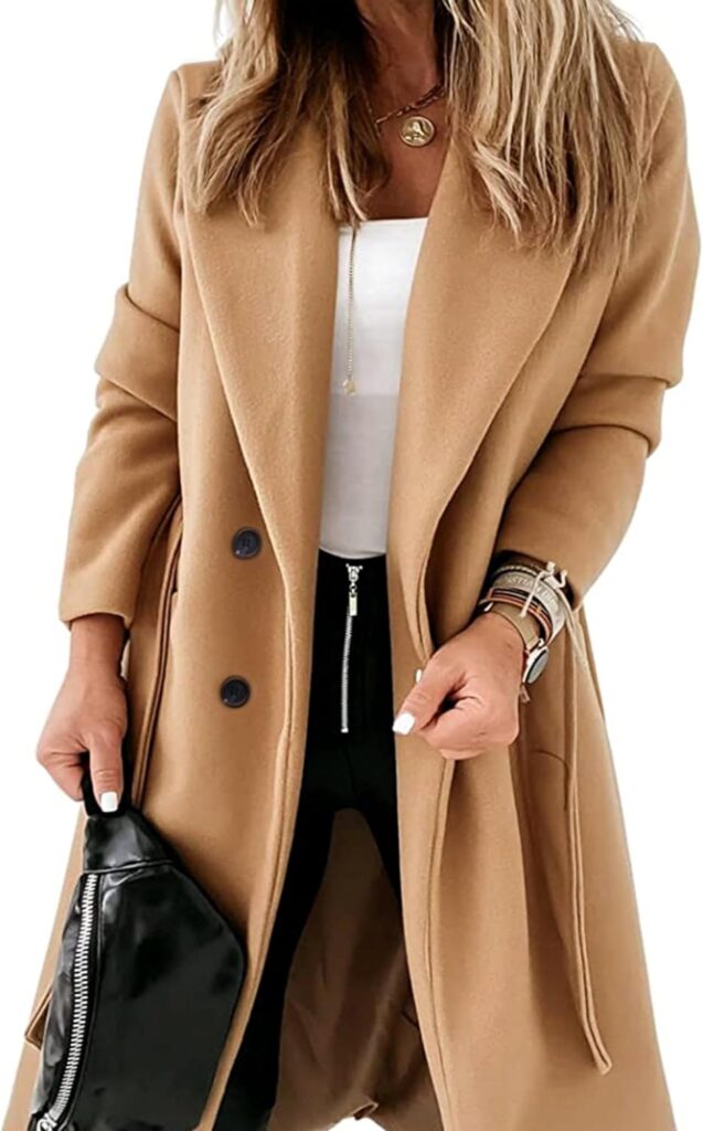 Hooever Women's Double Breasted Wool Blend Coat Winter Notched Lapel Belted Peacoat Mid Long Jacket