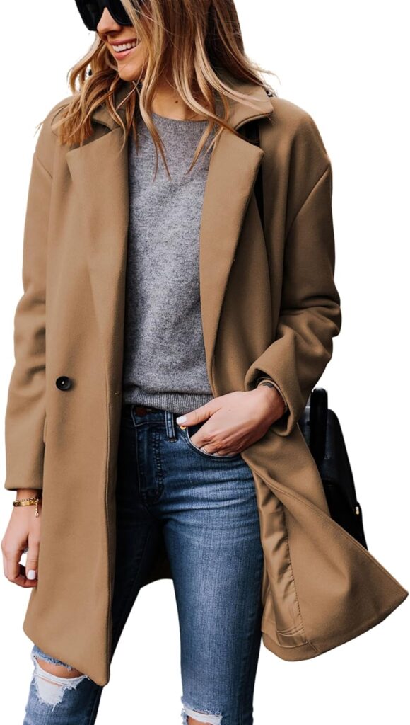 Hooever Women's Notched Lapel Wool Coat Single Breasted Pea Coats Winter Wool Blend Blazer Jacket