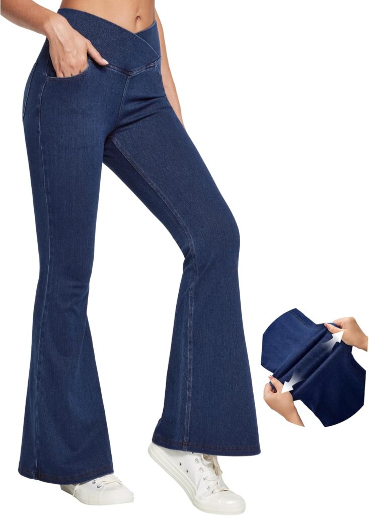 IUGA Bell Bottom Jeans for Women High Waisted Stretchy Flare Jeans Pull On Wide Leg Jeans V Cross Tummy Control Flare Pants