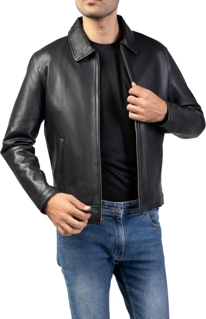 Jild Polo Collar Premium Leather Jacket Men - Old School Classic Style Everyday Wear Real Lambskin Mens Leather Jacket