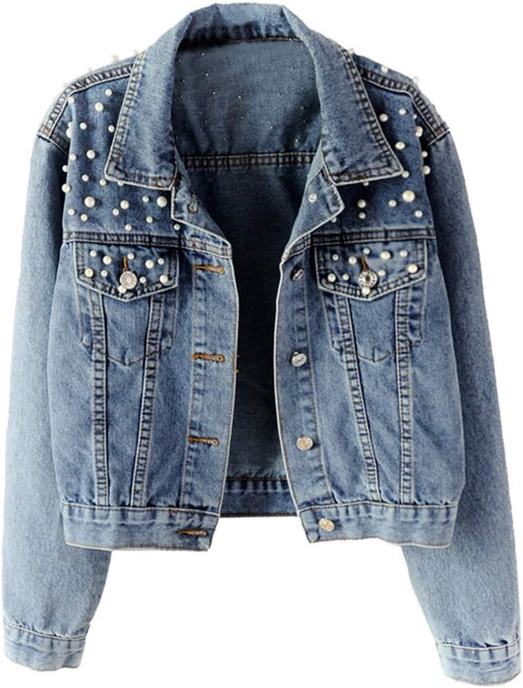 Kedera Women Oversized Denim Jacket Embroidered Pearls Beading Jeans Coat