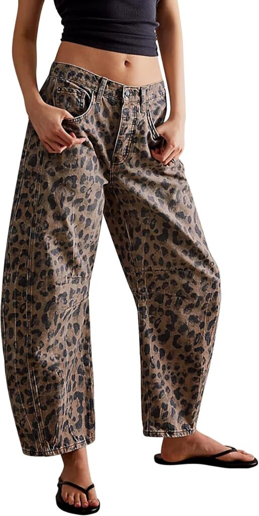 Kedera Women's Baggy Barrel Jeans Casual Boyfriend Mid Rise Leopard Printed Wide Leg Denim Ankle Pants