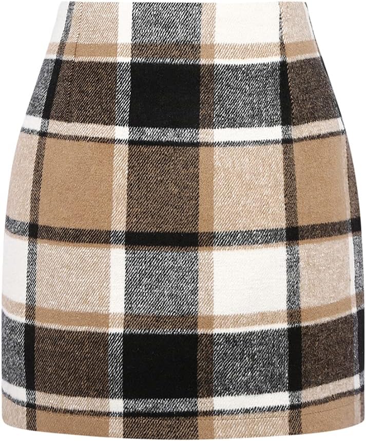 Kinghua Womens Wool Plaid Mini Skirt Fall Winter High Waisted Bodycon Pencil Skirt