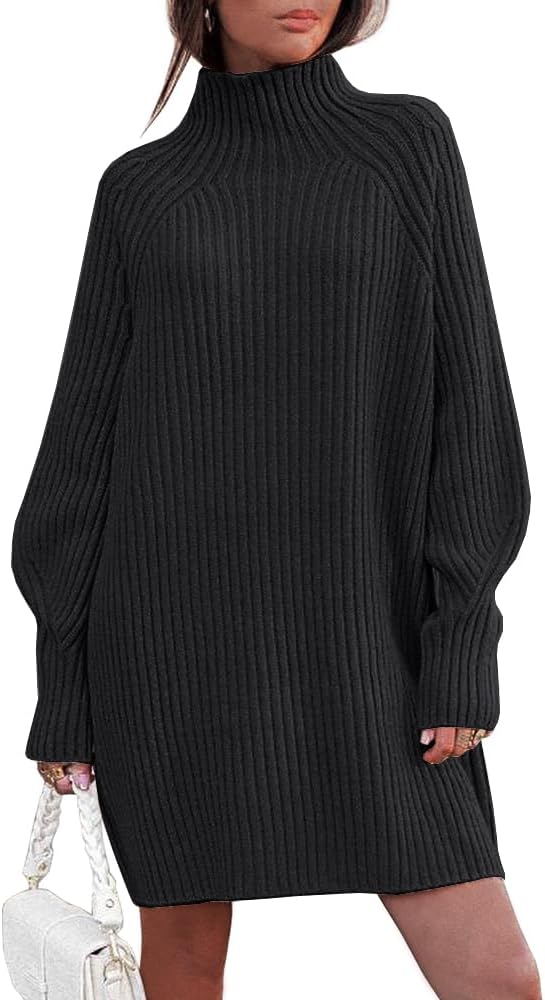 LILLUSORY Mock Neck Sweater Dresses for Women Long Lantern Sleeve Oversized 2024 Fall Fashion Ribbed Knit Sweater Tops