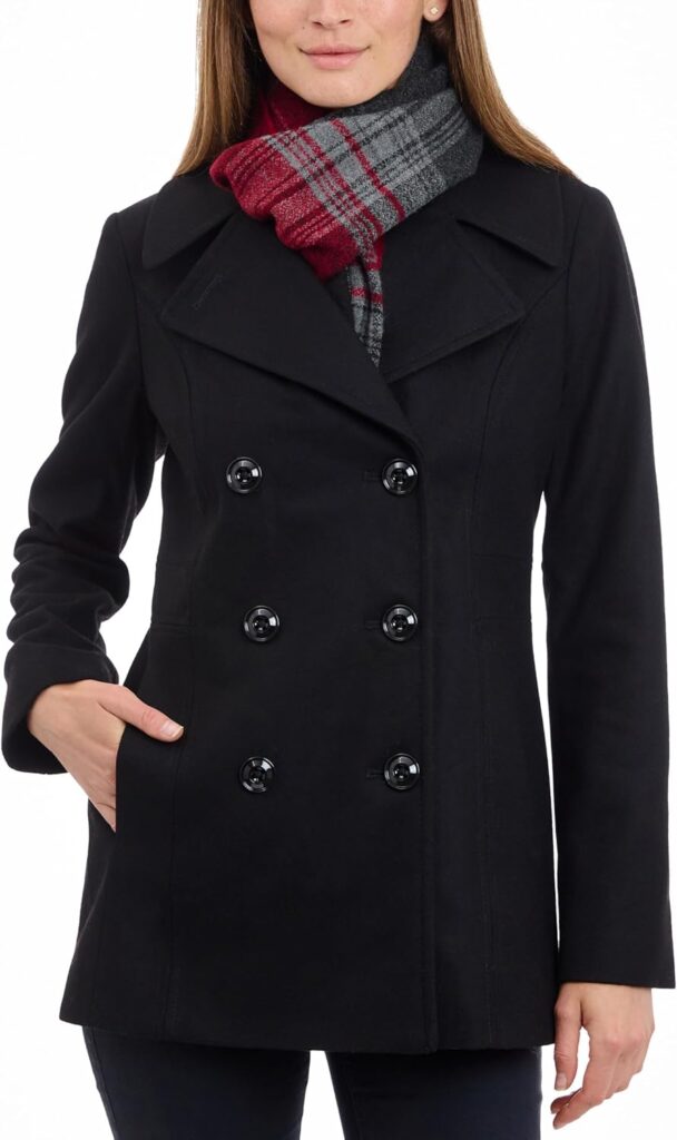 LONDON FOG Women's Double Breasted Peacoat with Scarf