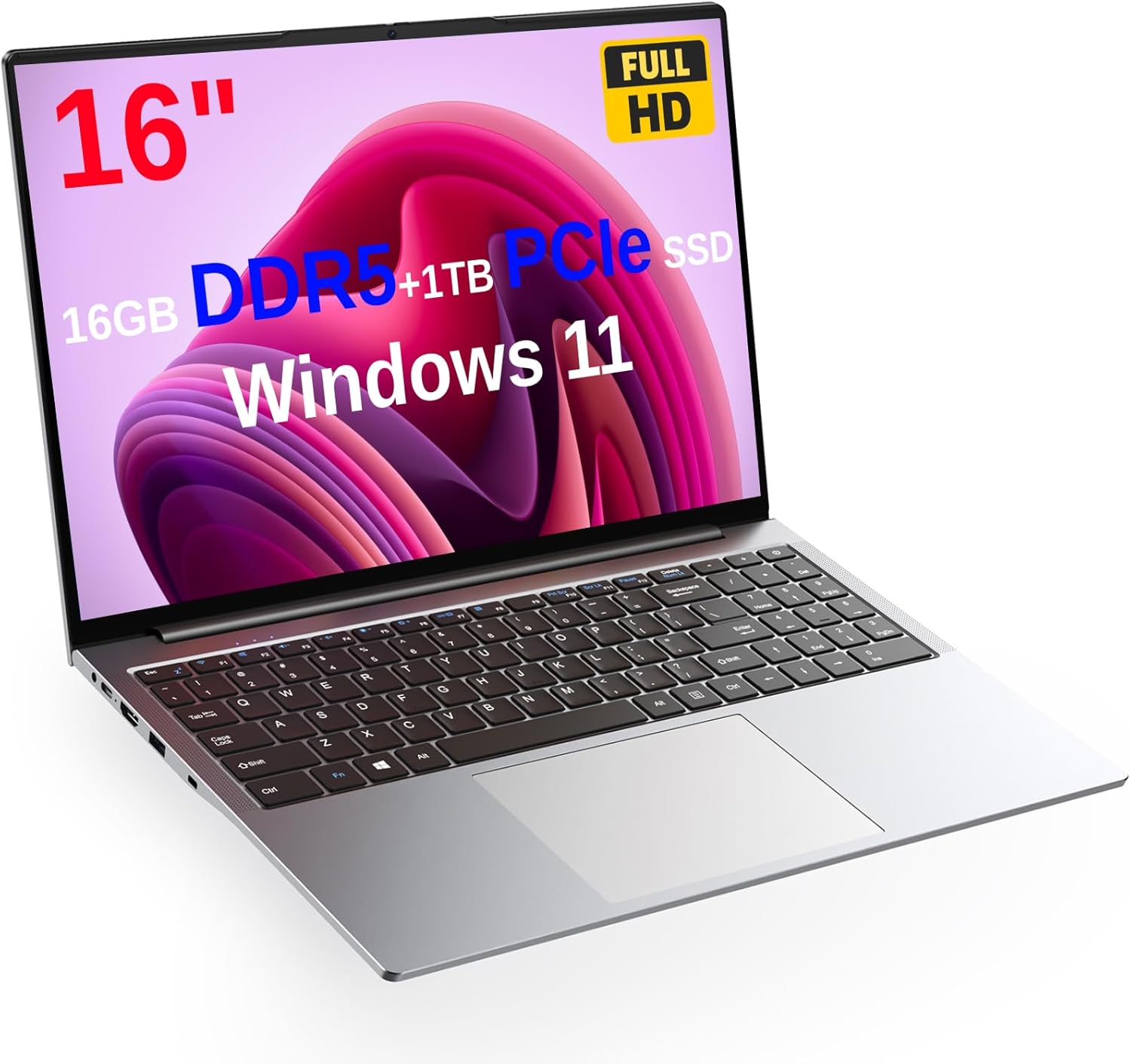 Laptop 16 inch Windows 11, Alder Lake 12th Gen N95, Up to 3.4GHz, 16GB DDR5 RAM, 1TB PCIe NVMe SSD, 16" FHD IPS 1920x1200, 2.0MP, 2.4G+5G WiFi, BT 5.0, HDMI, RJ45, Type C, Gray