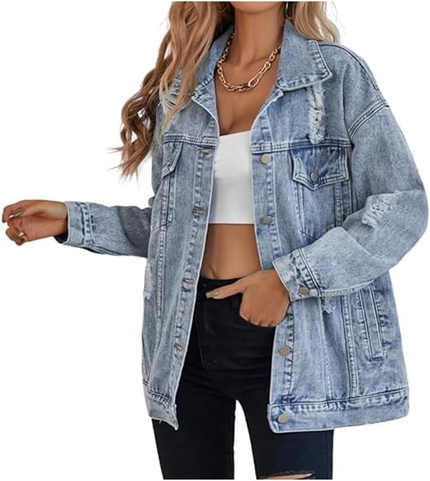 LifeShe Women's long oversized denim jacket boyfriend ripped distressed jean jackets coat