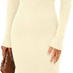 MIHOLL Womens 2024 Sweater Dress Long Sleeve V Neck Twist Front Slim Fit Ribbed Knit Bodycon Midi Dress