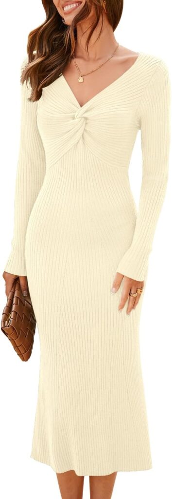 MIHOLL Womens 2024 Sweater Dress Long Sleeve V Neck Twist Front Slim Fit Ribbed Knit Bodycon Midi Dress