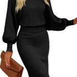 MIROL Women's Casual 2023 Long Puff Sleeve Solid Bodycon Midi Dress Ribbed Knit Oversized Pullover Sweater Dress