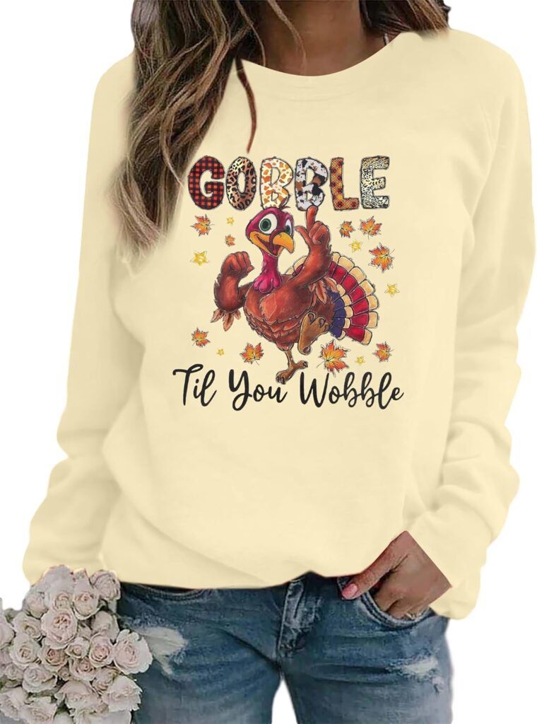 MYHALF Gobble Til You Wobble Shirt Womens Thanksgiving Sweatshirt Funny Turkey Day Shirt Fall Long Sleeve Pullover Tops