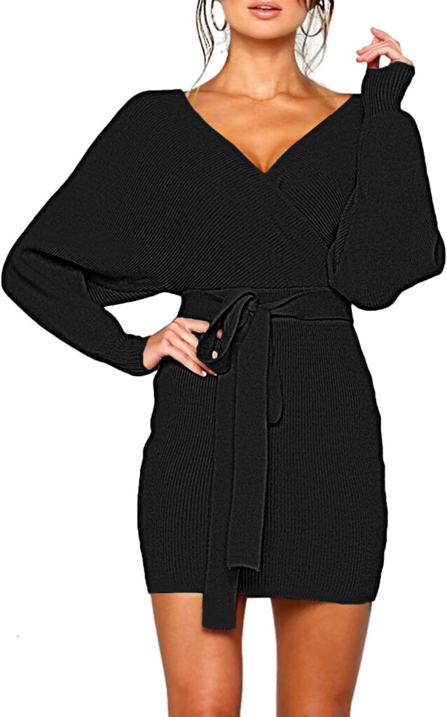 Mansy Women's Sexy Cocktail Batwing Long Sleeve Backless Mock Wrap Knit Sweater Mini Dress