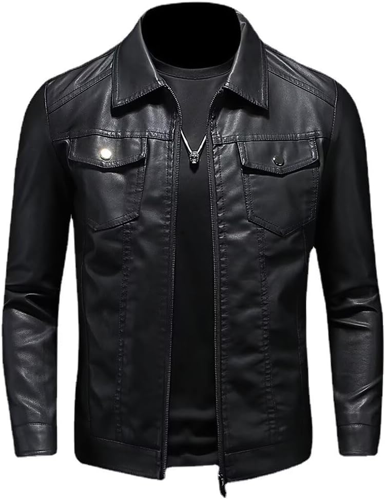 Mens Leather Jacket Motorcycle Black Biker Jackets Vintage Faux Leather Outwear Casual Lightweight