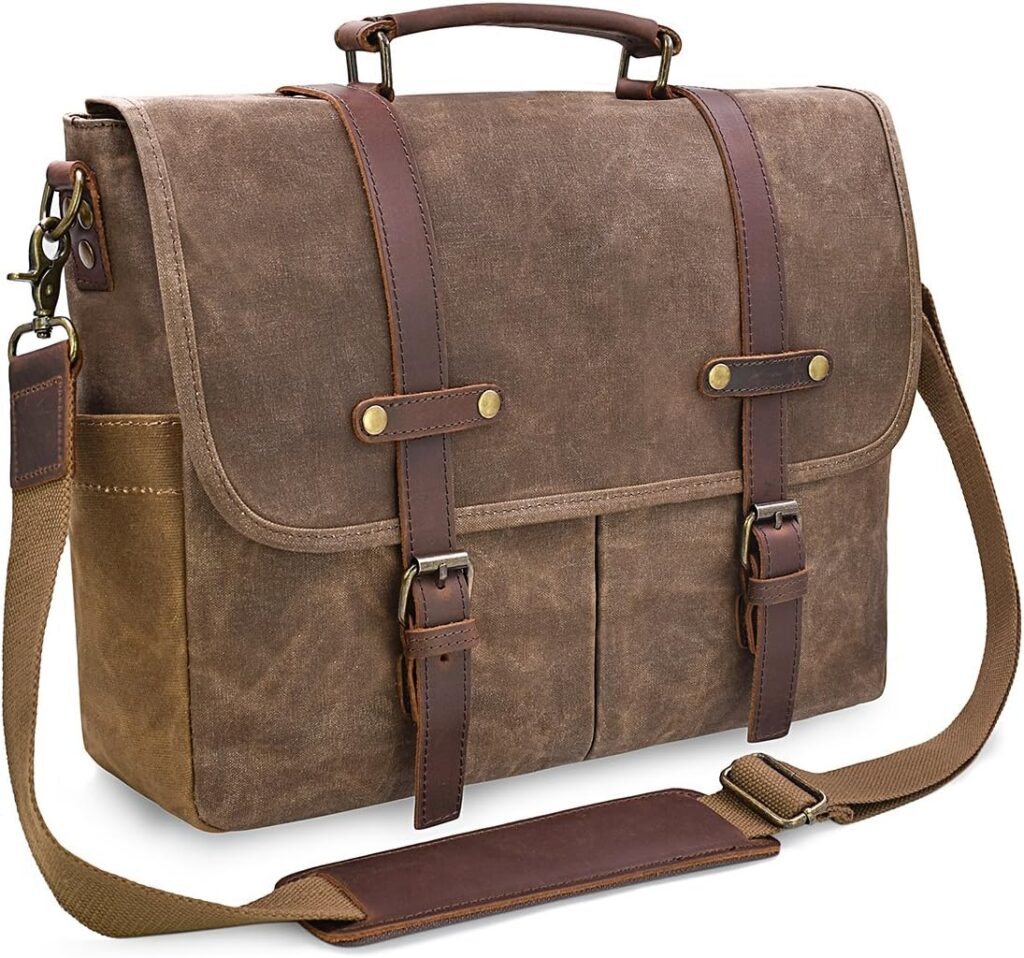 Mens Messenger Bag 15.6 Inch Waterproof Vintage Genuine Leather Waxed Canvas Briefcase Large Leather Computer Laptop Bag Rugged Satchel Shoulder Bag, Brown