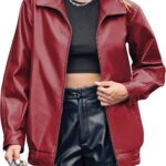 Miladusa Womens Oversized Leather Jackets Faux Casual Zip Up Trendy Bomber Motorcycle Jacket with Pockets S-XL