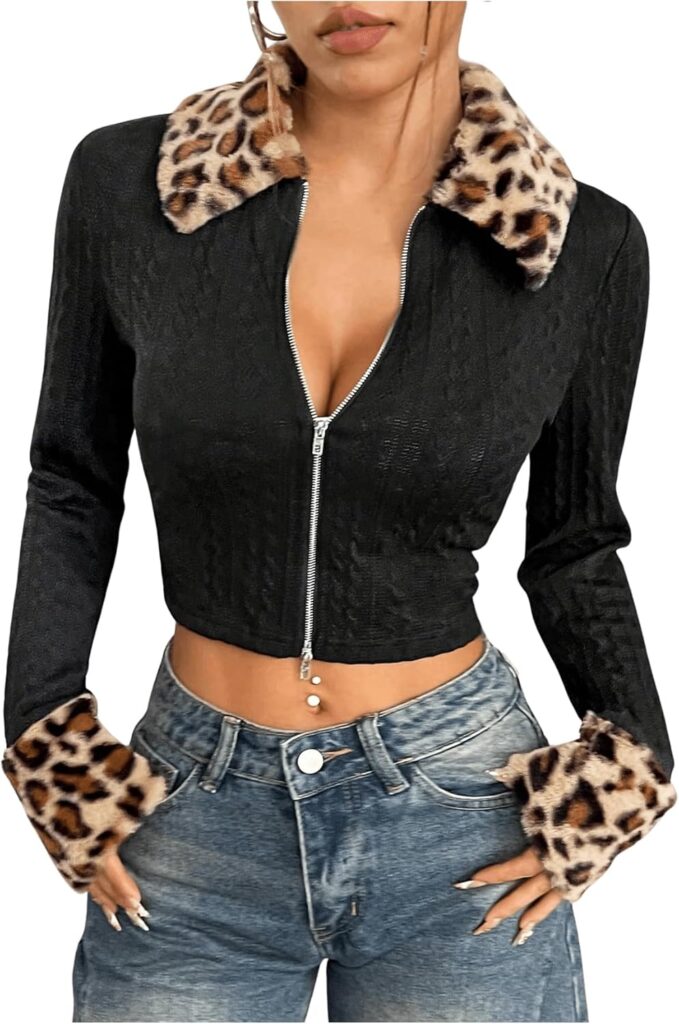 Milumia Women's Leopard Print Y2k Crop Jacket Faux Fur Trim Coat Outwear Clubwear