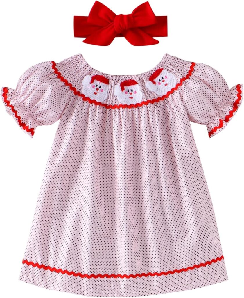 Noubeau Baby Girl Christmas Outfit Toddler Smocked Christmas Dress Santa Claus Dresses with Headband Cute Xmas Clothes