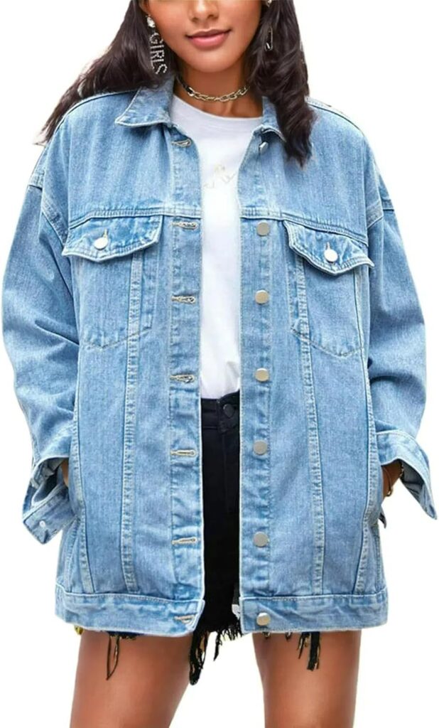 Omoone Women's Oversized Mid Long Denim Jacket Jean Biker Coat