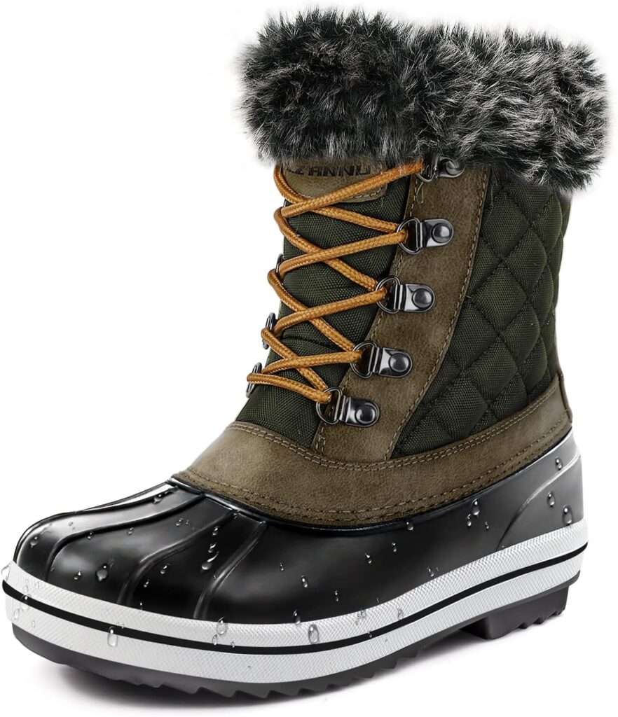 PIZZ ANNU Women's Snow Boots Waterproof Slip Resistant Warm Faux Fur Lined Lace up Mid Calf Winter Duck Boots Cold Weather Shoes