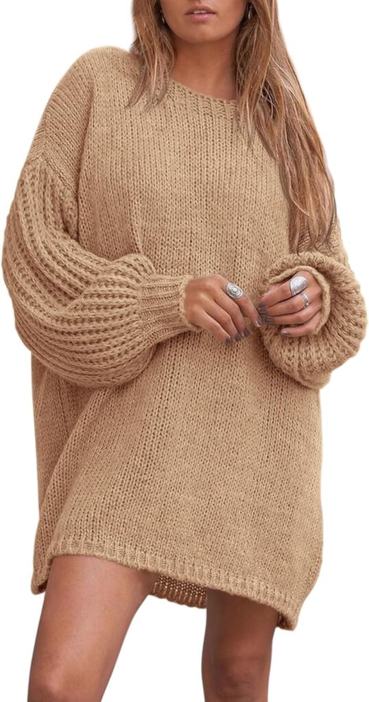 PRETTYGARDEN Women's 2024 Winter Pullover Sweaters Long Lantern Sleeve Crewneck Chunky Knit Slouchy Oversized Sweater Dress