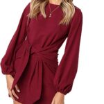 PRETTYGARDEN Women's Elegant Long Lantern Sleeve Short Dress Crewneck Tie Waist Knit Cocktail Dress