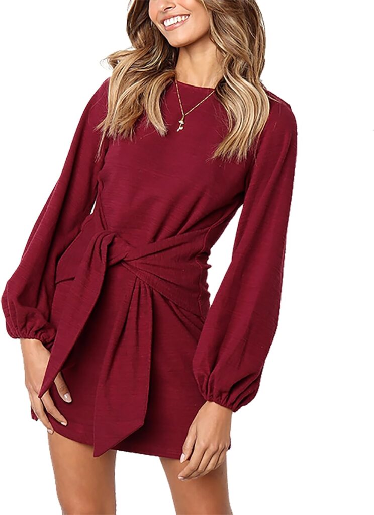 PRETTYGARDEN Women's Elegant Long Lantern Sleeve Short Dress Crewneck Tie Waist Knit Cocktail Dress