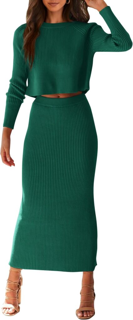 PRETTYGARDEN Women's Fall 2 Piece Sweater Set Rib Knit Long Sleeve Crop Top Maxi Bodycon Skirt Casual Winter Outfits