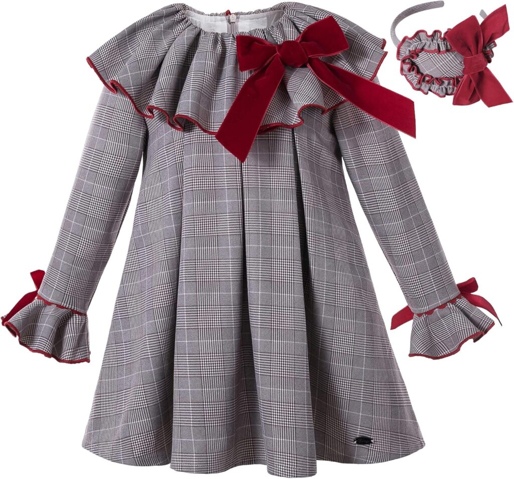 Pettigirl Autumn Winter Toddler England Gray Gird Trendy Long Sleeve Casual Girl Dress Outfit with Headpiece