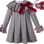 Pettigirl Autumn Winter Toddler England Gray Gird Trendy Long Sleeve Casual Girl Dress Outfit with Headpiece