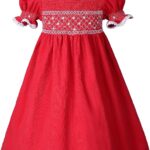 Pettigirl Girls Christmas Dress Red Embroidery Bubble Sleeve Smocked Dresses Kid Toddler Clothes Size 2 3 4 5 6 8 10 12