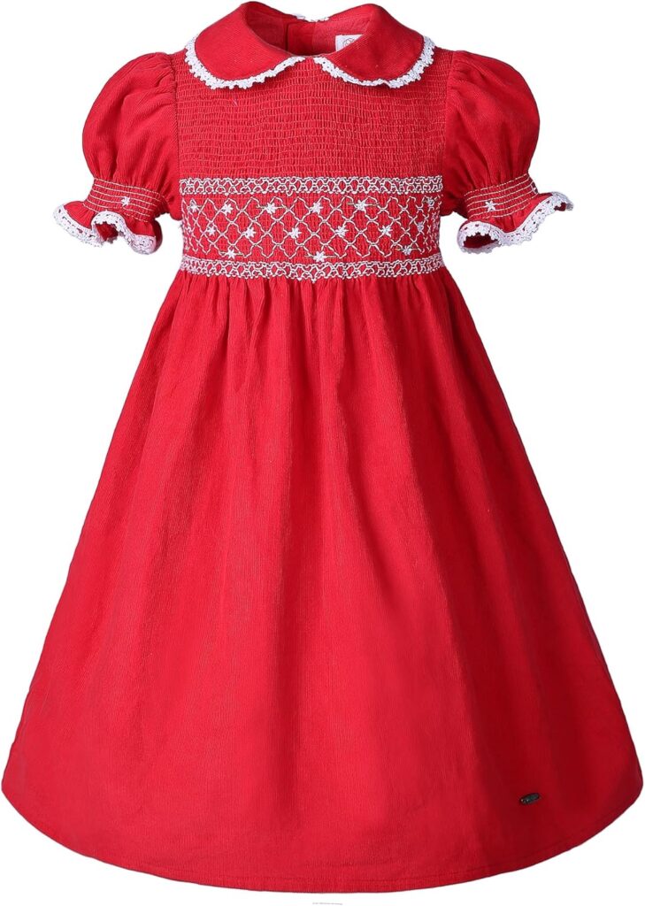 Pettigirl Girls Christmas Dress Red Embroidery Bubble Sleeve Smocked Dresses Kid Toddler Clothes Size 2 3 4 5 6 8 10 12