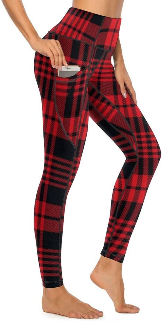 QIVICIMA Womens High Waist Workout Leggings Halloween Christmas Gym Plaid Printed Tummy Control Yoga Pants with Pockets