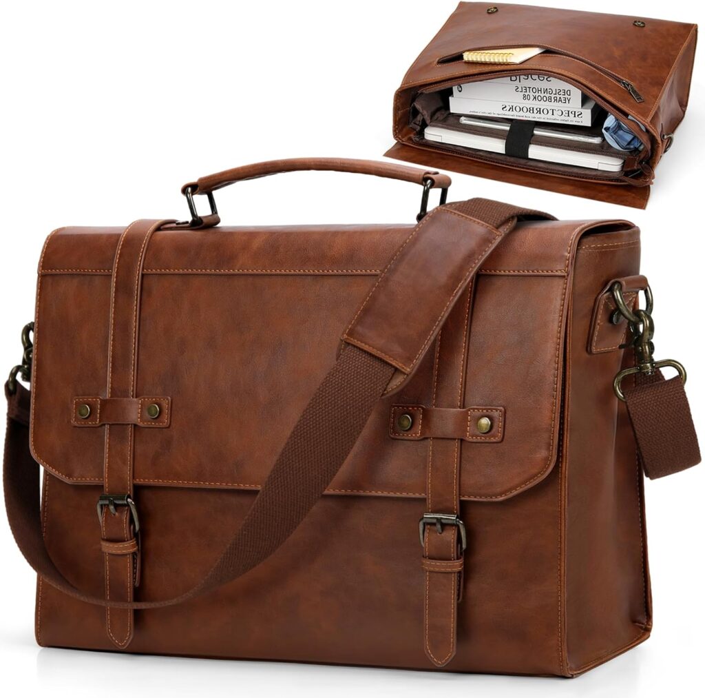 RAINSMORE Mens Messenger Bag 17 Inch Waterproof Vintage Leather Laptop Briefcase Large Laptop Bag Satchel Bag Computer Shoulder Bag for Office Business Travel College, Brown