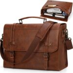 RAINSMORE Mens Messenger Bag 17 Inch Waterproof Vintage Leather Laptop Briefcase Large Laptop Bag Satchel Bag Computer Shoulder Bag for Office Business Travel College, Brown