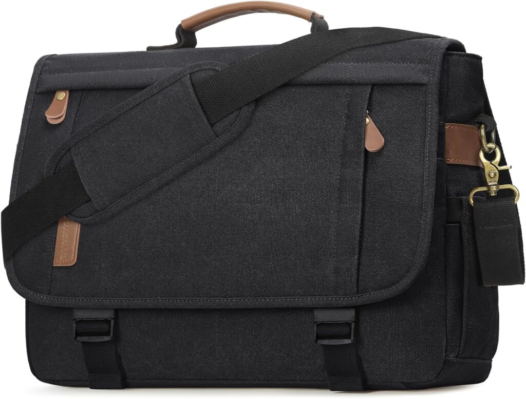 RAINSMORE Messenger Bag for Men 17-17.3 Inch Laptop Bag Water-resistant Canvas Computer Shoulder Bag Office Work Briefcase Large Casual Satchel Bags for Men Bookbag for College, Black