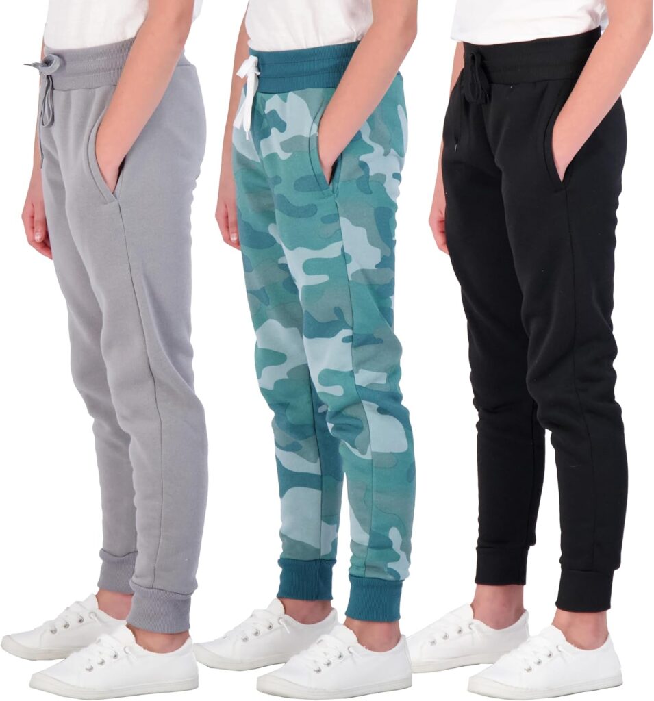 Real Essentials 3 Pack: Girls' Fleece Joggers Soft Active Performance Casual Sweatpants(Ages 7-16)