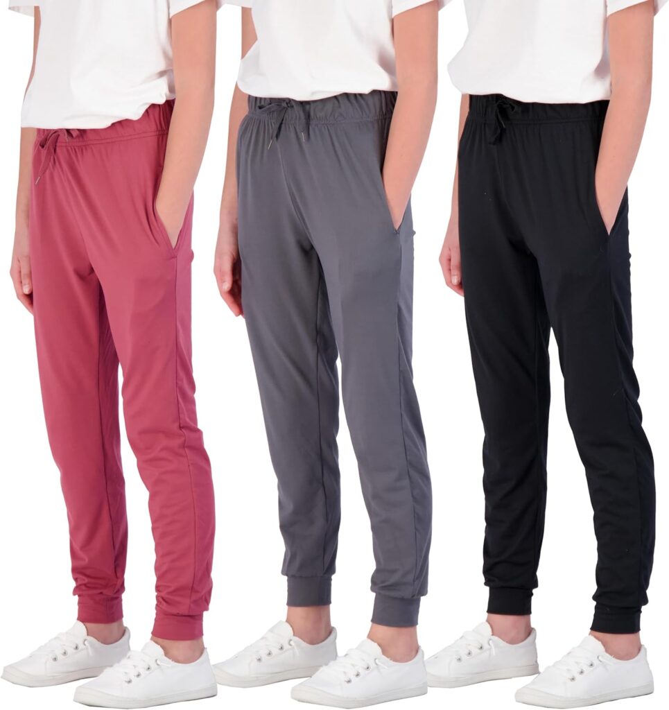 Real Essentials 3 Pack: Girls' Lounge Joggers Soft Athletic Performance Casual Sweatpants(Ages 7-16)