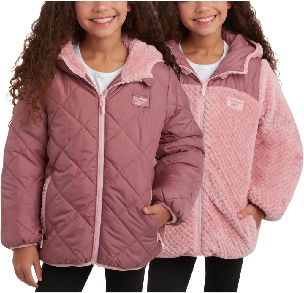 Reebok Girls' Reversible Puffer Jacket - Quilted Winter Coat with Snow Fleece Lining - Warm Hooded Jacket for Girls (7-16)