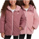 Reebok Girls' Reversible Puffer Jacket - Quilted Winter Coat with Snow Fleece Lining - Warm Hooded Jacket for Girls (7-16)