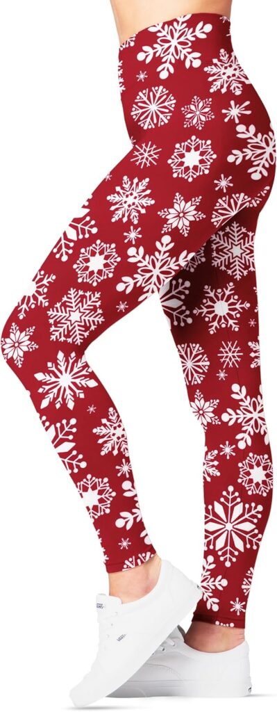 SATINA Womens Christmas Pants - Buttery Soft Highwaisted Holiday Leggings, Red Snowflake, One Size