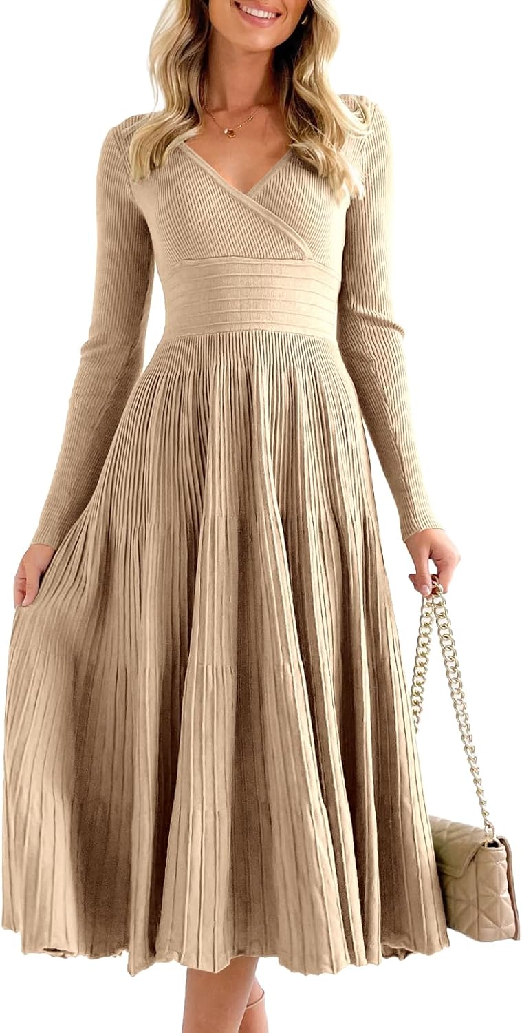 Saodimallsu Womens Long Sleeve Midi Sweater Dress Wrap V Neck Pleated A Line Fit Flare Elegant Knit Maxi Dress