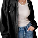 SeekMe Women's PU Leather Jacket Shacket Button Down Lapel Blazer Coat with Bust Pocket