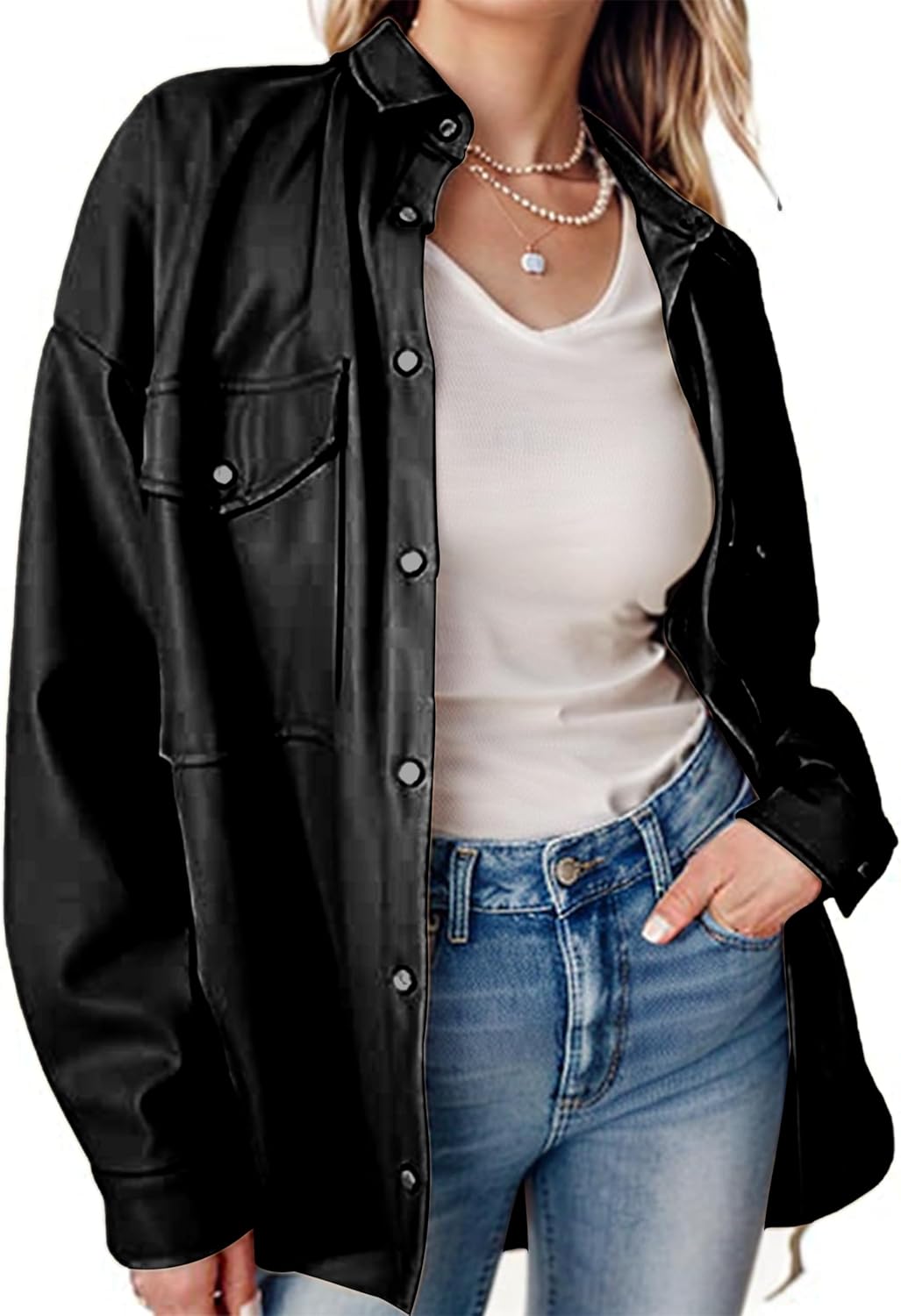 SeekMe Women's PU Leather Jacket Shacket Button Down Lapel Blazer Coat with Bust Pocket