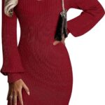 Sidefeel Womens 2024 Winter Ribbed Knit Sweater Dress Casual Long Sleeve Fall Dresses Sexy V Neck Bodycon Mini Dress